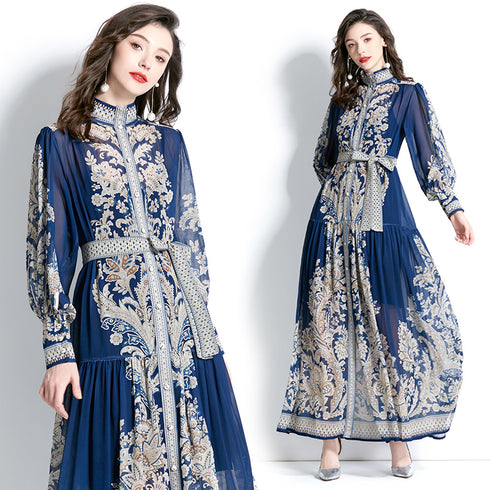 Bright & Elegant Paisley Pattern Long Puff Sleeve, Mock Neck, Belted, Women Long Modest Holiday, Party, Evening, Festive Maxi Dress - Navy